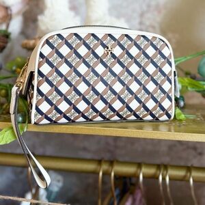 Tory Burch White Navy Brown Patterned Logo Wristlet